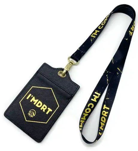 High Quality Polyester Heat Transfer Belt Silk Printing Gold Logo Lanyard with PU Leather Certificate Cover