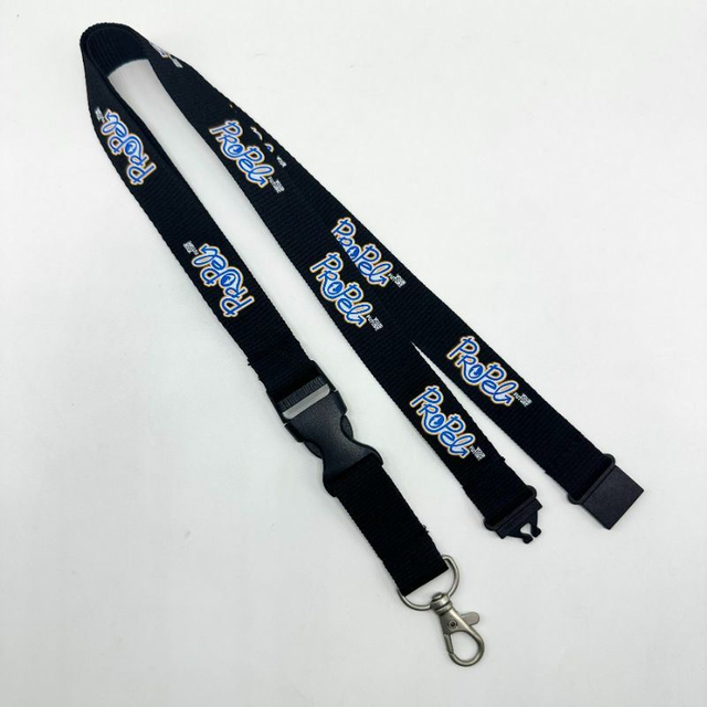 Polyester Webbing with Single-Sided Multi-Color Silk Screen Printing, Black Plastic Identification Sleeve Lanyard