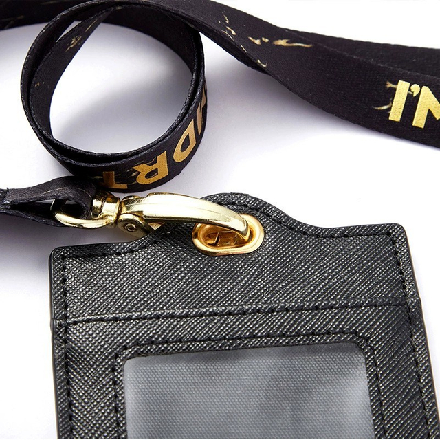 High Quality Polyester Heat Transfer Belt Silk Printing Gold Logo Lanyard with PU Leather Certificate Cover