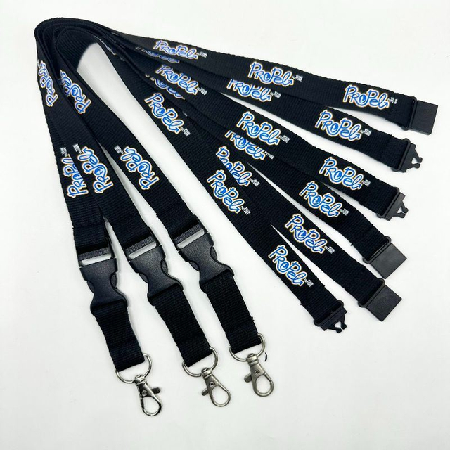 Polyester Webbing with Single-Sided Multi-Color Silk Screen Printing, Black Plastic Identification Sleeve Lanyard