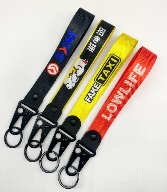 Customized Logo Polyester Nylon Jacquard Woven Keychain Short Strap with PU Leather
